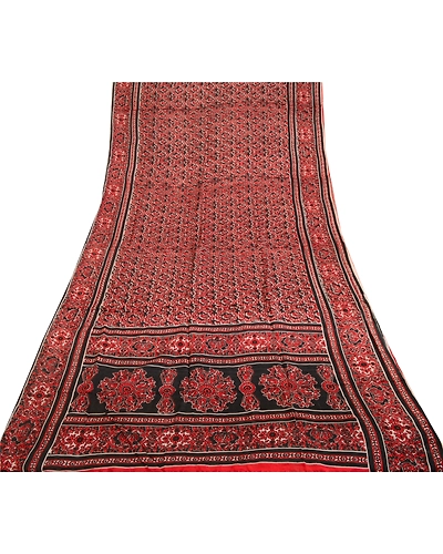 Sanskriti Vintage Sarees Indian Red Printed 100% Pure Silk Sari 5Yd Craft Fabric, PR-64072-Red-Pure Silk-8