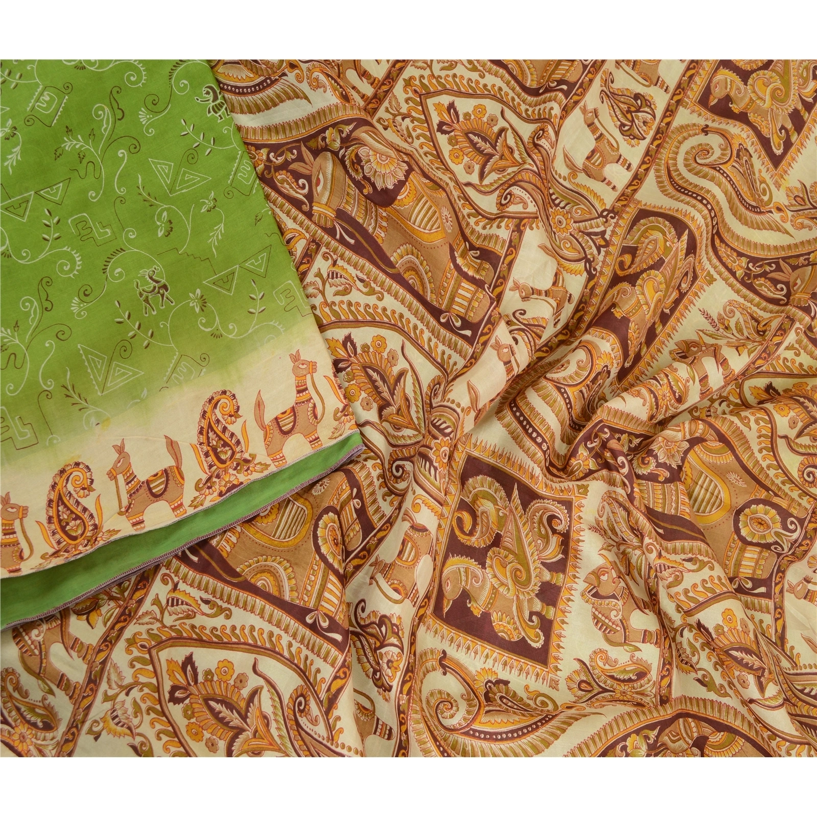 Sanskriti Vintage Sarees From India Green Printed Pure Silk Sari Craft Fabric, PR-64074-Green-Pure Silk-2