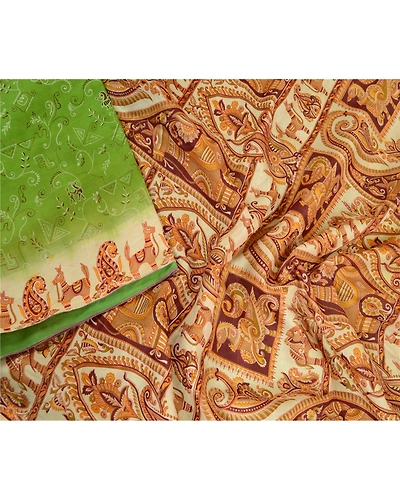 Sanskriti Vintage Sarees From India Green Printed Pure Silk Sari Craft Fabric, PR-64074-Green-Pure Silk-2