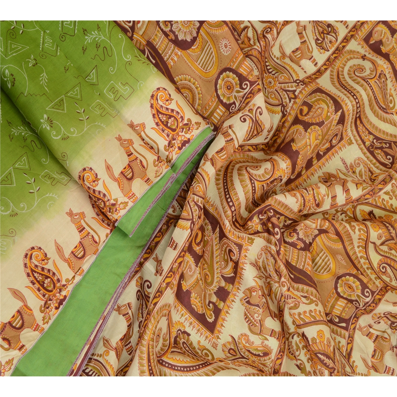 Sanskriti Vintage Sarees From India Green Printed Pure Silk Sari Craft Fabric, PR-64074-Green-Pure Silk-3