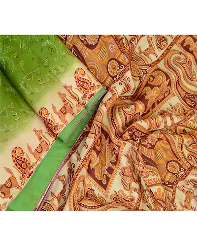 Sanskriti Vintage Sarees From India Green Printed Pure Silk Sari Craft Fabric, PR-64074-Green-Pure Silk-3