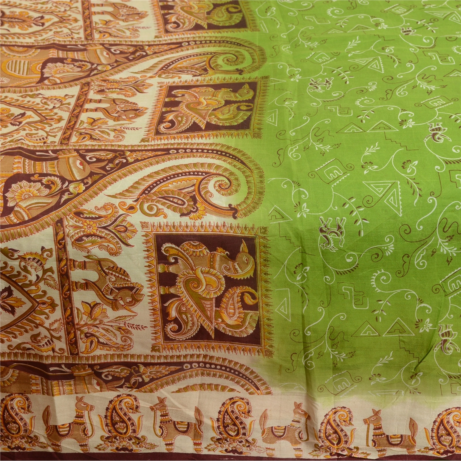 Sanskriti Vintage Sarees From India Green Printed Pure Silk Sari Craft Fabric, PR-64074-Green-Pure Silk-4