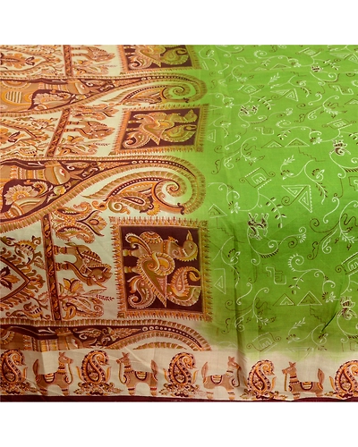 Sanskriti Vintage Sarees From India Green Printed Pure Silk Sari Craft Fabric, PR-64074-Green-Pure Silk-4