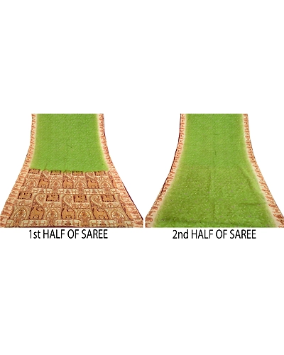 Sanskriti Vintage Sarees From India Green Printed Pure Silk Sari Craft Fabric, PR-64074-Green-Pure Silk-5