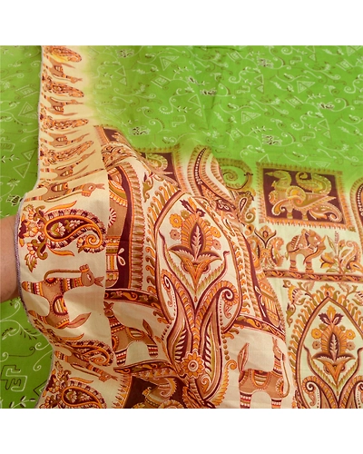 Sanskriti Vintage Sarees From India Green Printed Pure Silk Sari Craft Fabric, PR-64074-Green-Pure Silk-6