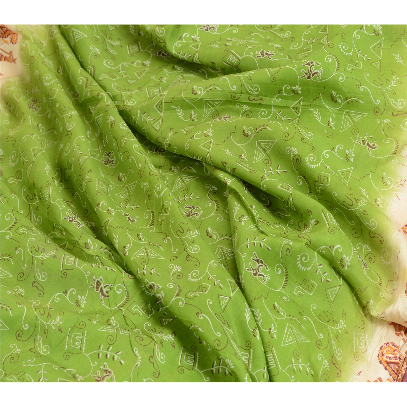 Sanskriti Vintage Sarees From India Green Printed Pure Silk Sari Craft Fabric, PR-64074-Green-Pure Silk-7