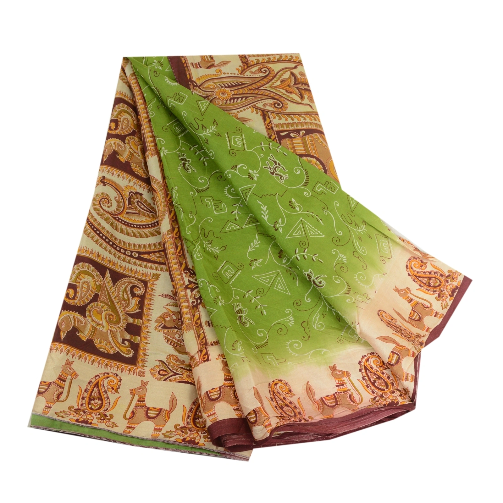 Sanskriti Vintage Sarees From India Green Printed Pure Silk Sari Craft Fabric, PR-64074-Green-Pure Silk-8