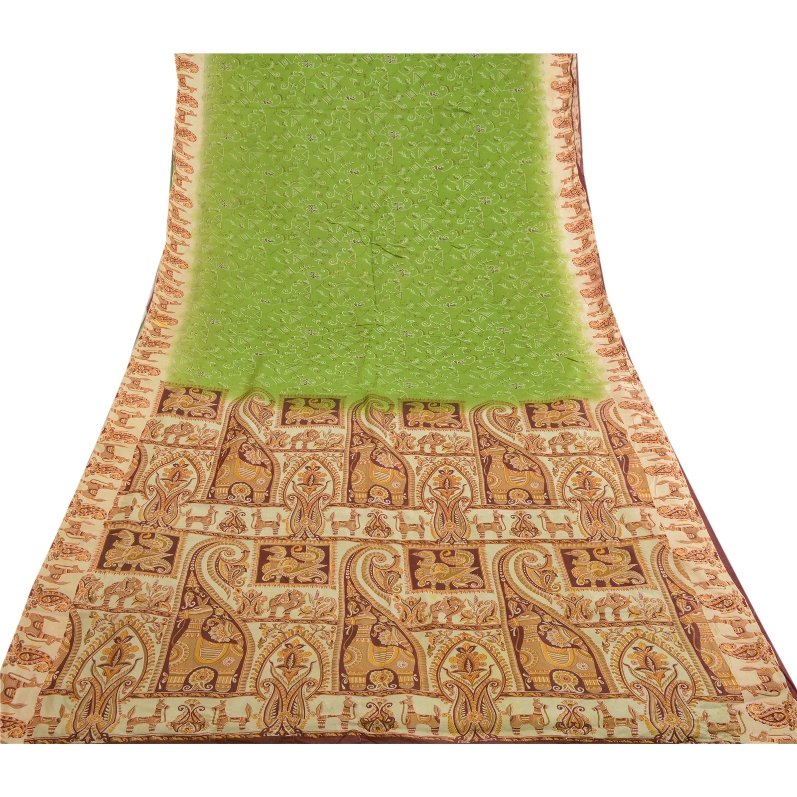 Sanskriti Vintage Sarees From India Green Printed Pure Silk Sari Craft Fabric, PR-64074-Green-Pure Silk-9