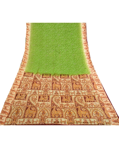 Sanskriti Vintage Sarees From India Green Printed Pure Silk Sari Craft Fabric, PR-64074-Green-Pure Silk-9