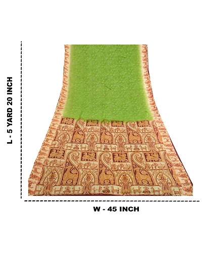 Sanskriti Vintage Sarees From India Green Printed Pure Silk Sari Craft Fabric, PR-64074-Green-Pure Silk-10