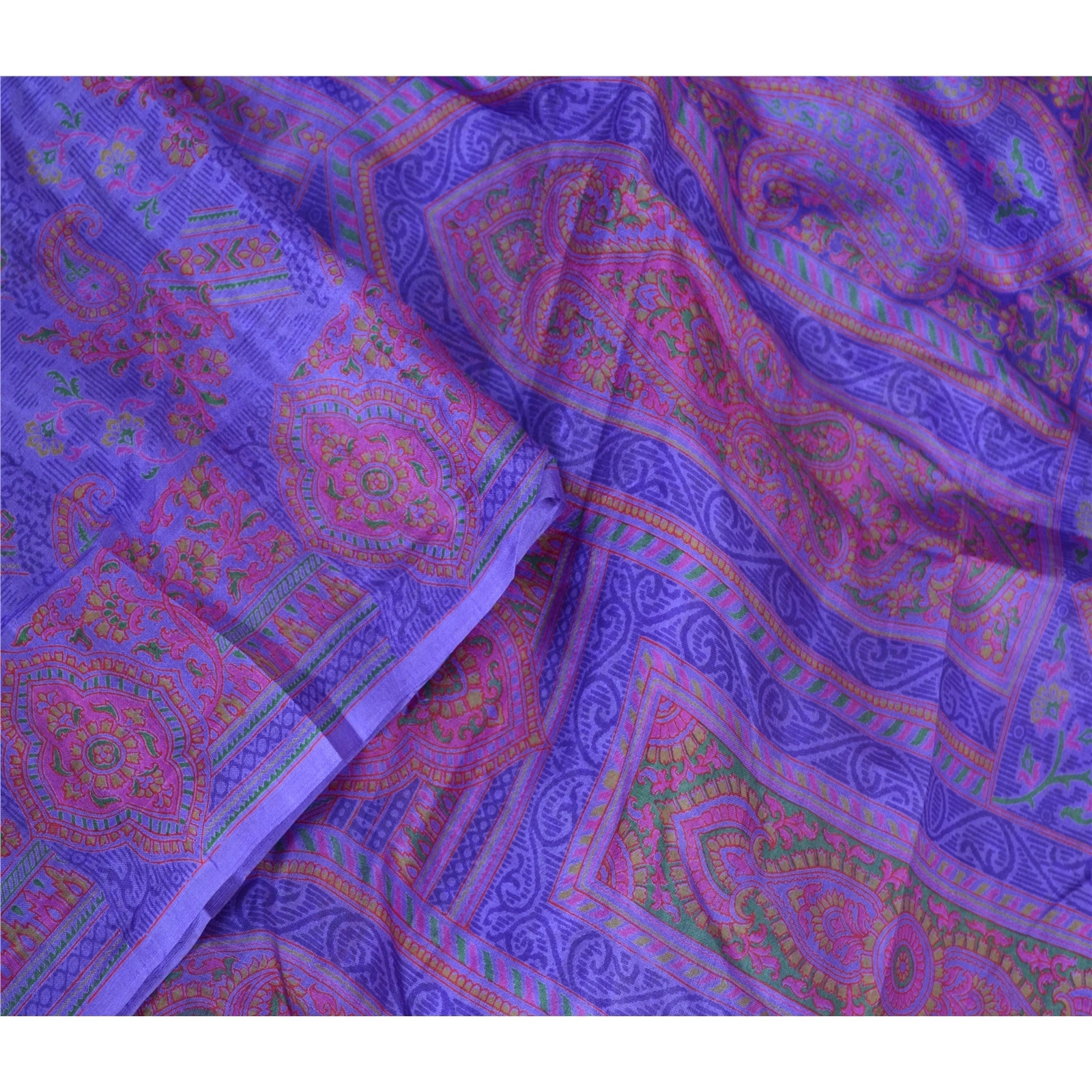 Sanskriti Vintage Sarees Purple Pure Silk Printed Sari Floral Soft Craft Fabric, PR-64075-Purple-Pure Silk-1