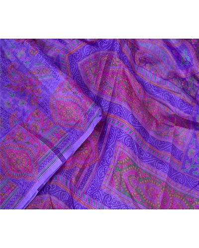 Sanskriti Vintage Sarees Purple Pure Silk Printed Sari Floral Soft Craft Fabric, PR-64075-Purple-Pure Silk-1