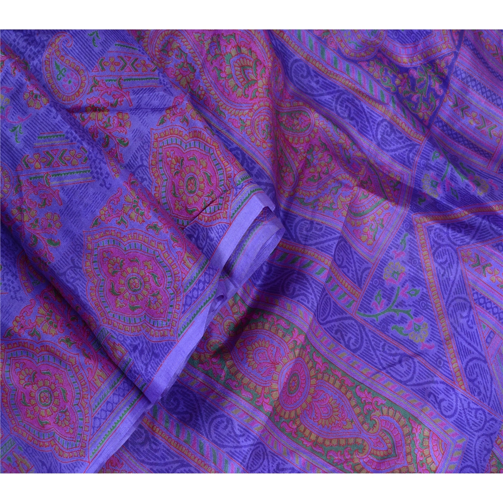 Sanskriti Vintage Sarees Purple Pure Silk Printed Sari Floral Soft Craft Fabric, PR-64075-Purple-Pure Silk-2