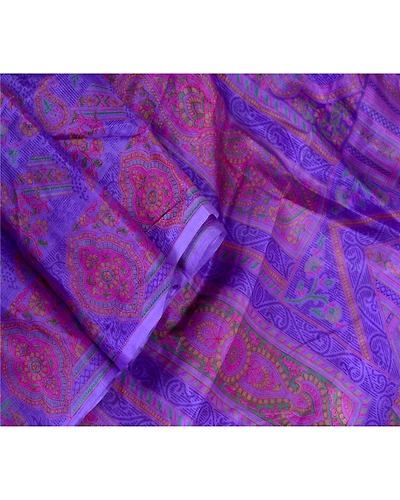 Sanskriti Vintage Sarees Purple Pure Silk Printed Sari Floral Soft Craft Fabric, PR-64075-Purple-Pure Silk-2