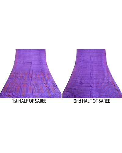 Sanskriti Vintage Sarees Purple Pure Silk Printed Sari Floral Soft Craft Fabric, PR-64075-Purple-Pure Silk-4