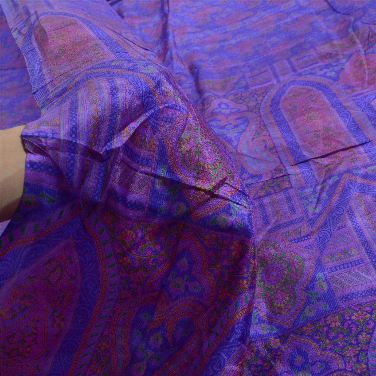 Sanskriti Vintage Sarees Purple Pure Silk Printed Sari Floral Soft Craft Fabric, PR-64075-Purple-Pure Silk-5