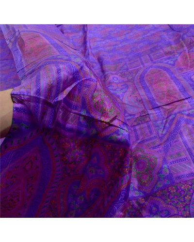 Sanskriti Vintage Sarees Purple Pure Silk Printed Sari Floral Soft Craft Fabric, PR-64075-Purple-Pure Silk-5