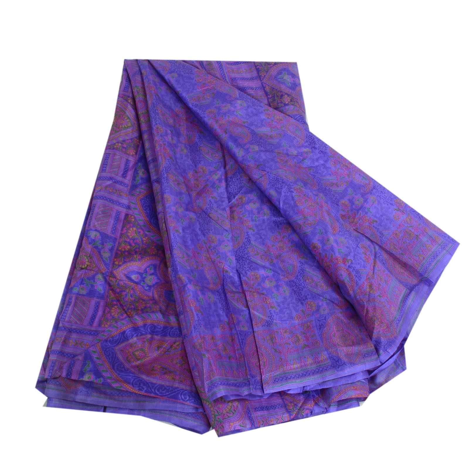 Sanskriti Vintage Sarees Purple Pure Silk Printed Sari Floral Soft Craft Fabric, PR-64075-Purple-Pure Silk-7