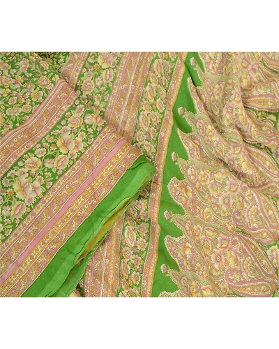 Sanskriti Vintage Sarees Indian Green Printed Pure Silk Sari Soft Craft Fabric, PR-64081-Green-Pure Silk-1