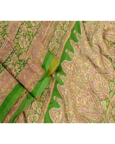 Sanskriti Vintage Sarees Indian Green Printed Pure Silk Sari Soft Craft Fabric, PR-64081-Green-Pure Silk-2