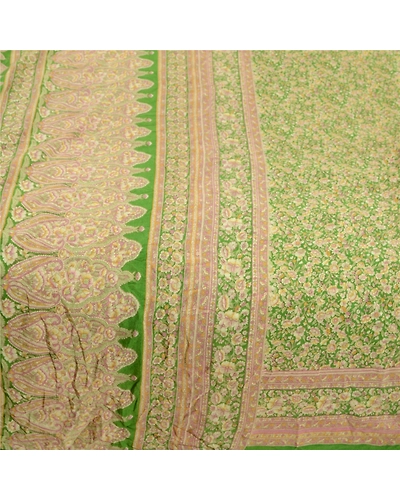 Sanskriti Vintage Sarees Indian Green Printed Pure Silk Sari Soft Craft Fabric, PR-64081-Green-Pure Silk-3