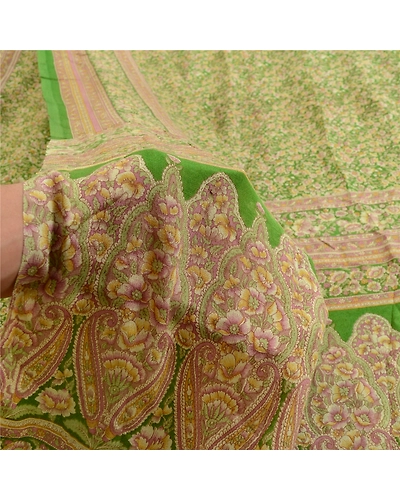 Sanskriti Vintage Sarees Indian Green Printed Pure Silk Sari Soft Craft Fabric, PR-64081-Green-Pure Silk-5