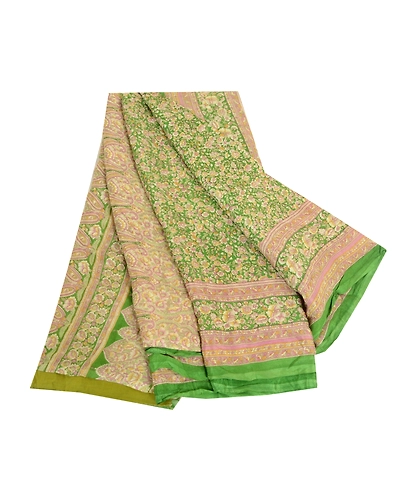 Sanskriti Vintage Sarees Indian Green Printed Pure Silk Sari Soft Craft Fabric, PR-64081-Green-Pure Silk-6