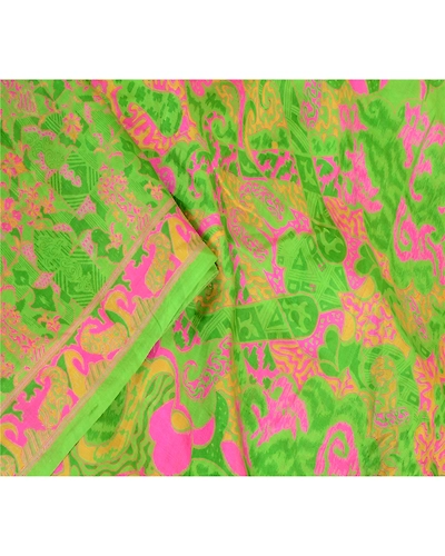 Sanskriti Vintage Sarees Indian Green Printed Pure Silk Sari Soft Craft Fabric, PR-64083-Green-Pure Silk-1