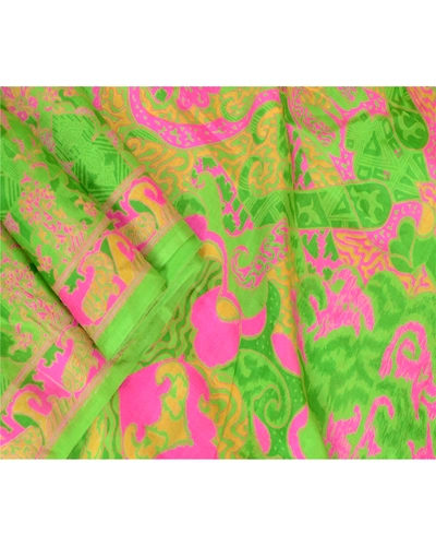 Sanskriti Vintage Sarees Indian Green Printed Pure Silk Sari Soft Craft Fabric, PR-64083-Green-Pure Silk-2