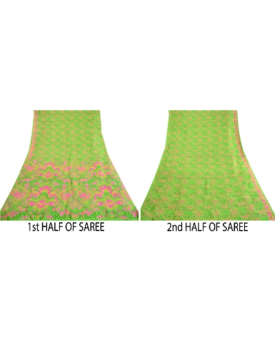 Sanskriti Vintage Sarees Indian Green Printed Pure Silk Sari Soft Craft Fabric, PR-64083-Green-Pure Silk-4