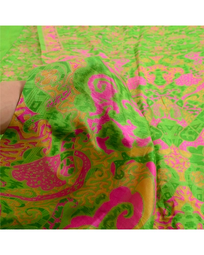 Sanskriti Vintage Sarees Indian Green Printed Pure Silk Sari Soft Craft Fabric, PR-64083-Green-Pure Silk-5