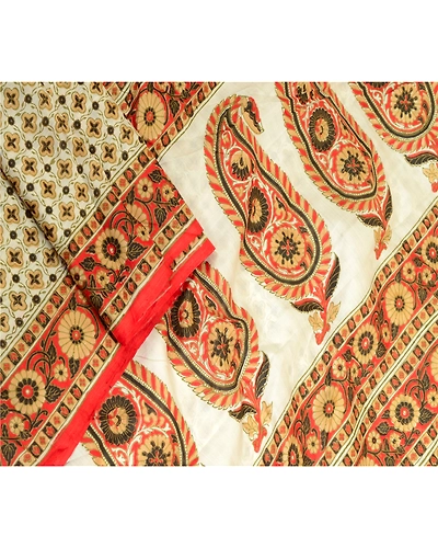 Sanskriti Vintage Sarees Indian Ivory Pure Silk Printed Sari Soft Craft Fabric, PR-64087-Ivory-Pure Silk-3