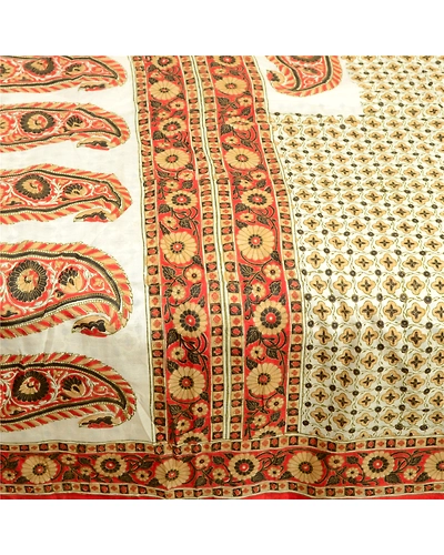 Sanskriti Vintage Sarees Indian Ivory Pure Silk Printed Sari Soft Craft Fabric, PR-64087-Ivory-Pure Silk-4