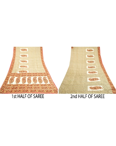Sanskriti Vintage Sarees Indian Ivory Pure Silk Printed Sari Soft Craft Fabric, PR-64087-Ivory-Pure Silk-5