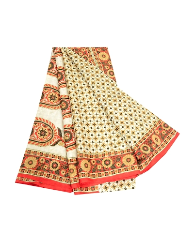 Sanskriti Vintage Sarees Indian Ivory Pure Silk Printed Sari Soft Craft Fabric, PR-64087-Ivory-Pure Silk-7