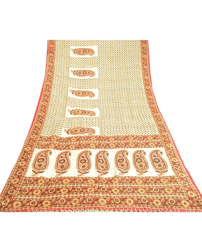 Sanskriti Vintage Sarees Indian Ivory Pure Silk Printed Sari Soft Craft Fabric, PR-64087-Ivory-Pure Silk-8