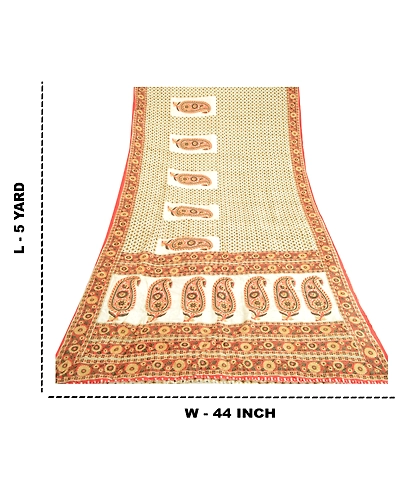 Sanskriti Vintage Sarees Indian Ivory Pure Silk Printed Sari Soft Craft Fabric, PR-64087-Ivory-Pure Silk-9