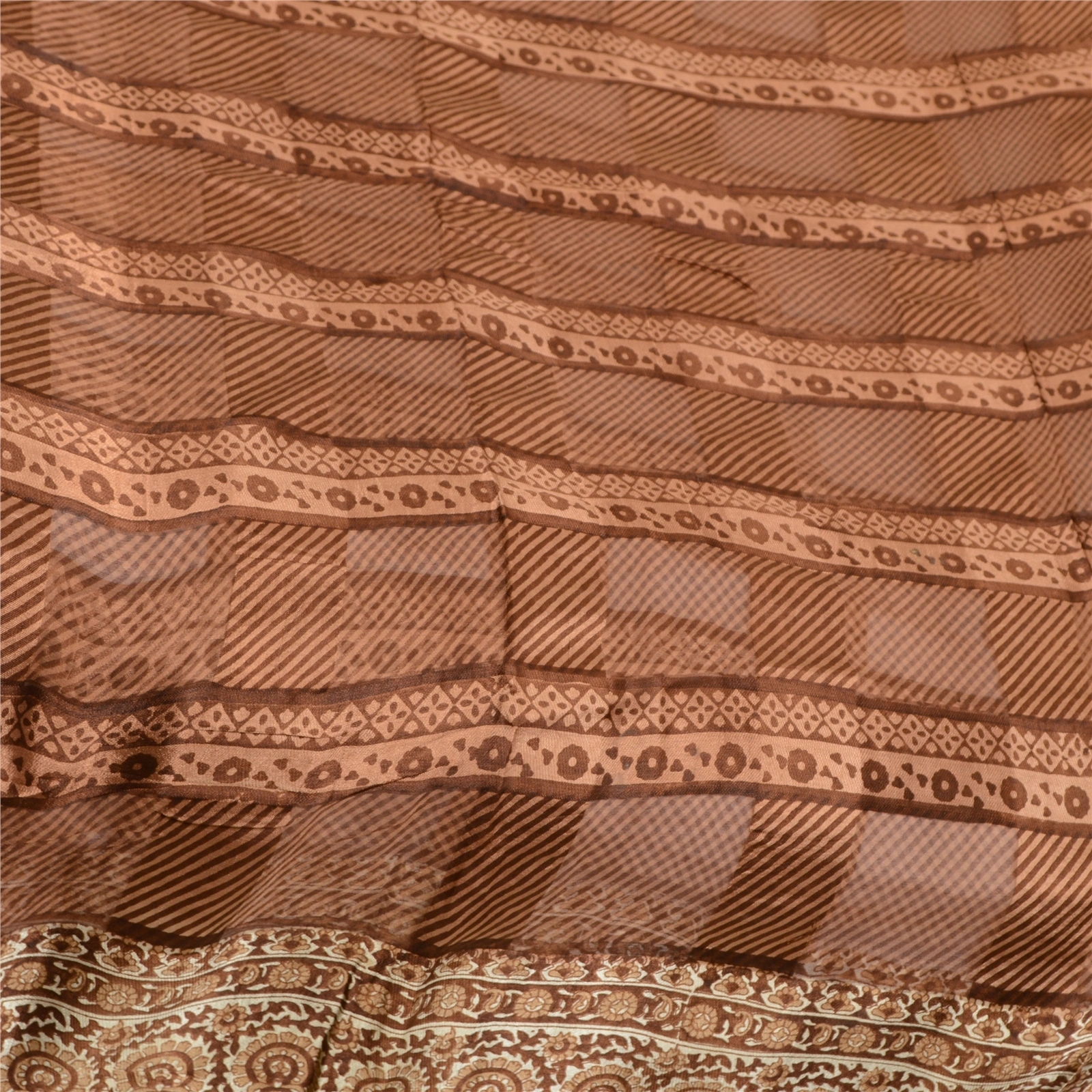 Sanskriti Vintage Sarees Indian Block Printed Brown Pure Silk Sari Craft Fabric, PR-64088-Brown-Pure Silk-1