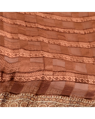 Sanskriti Vintage Sarees Indian Block Printed Brown Pure Silk Sari Craft Fabric, PR-64088-Brown-Pure Silk-1