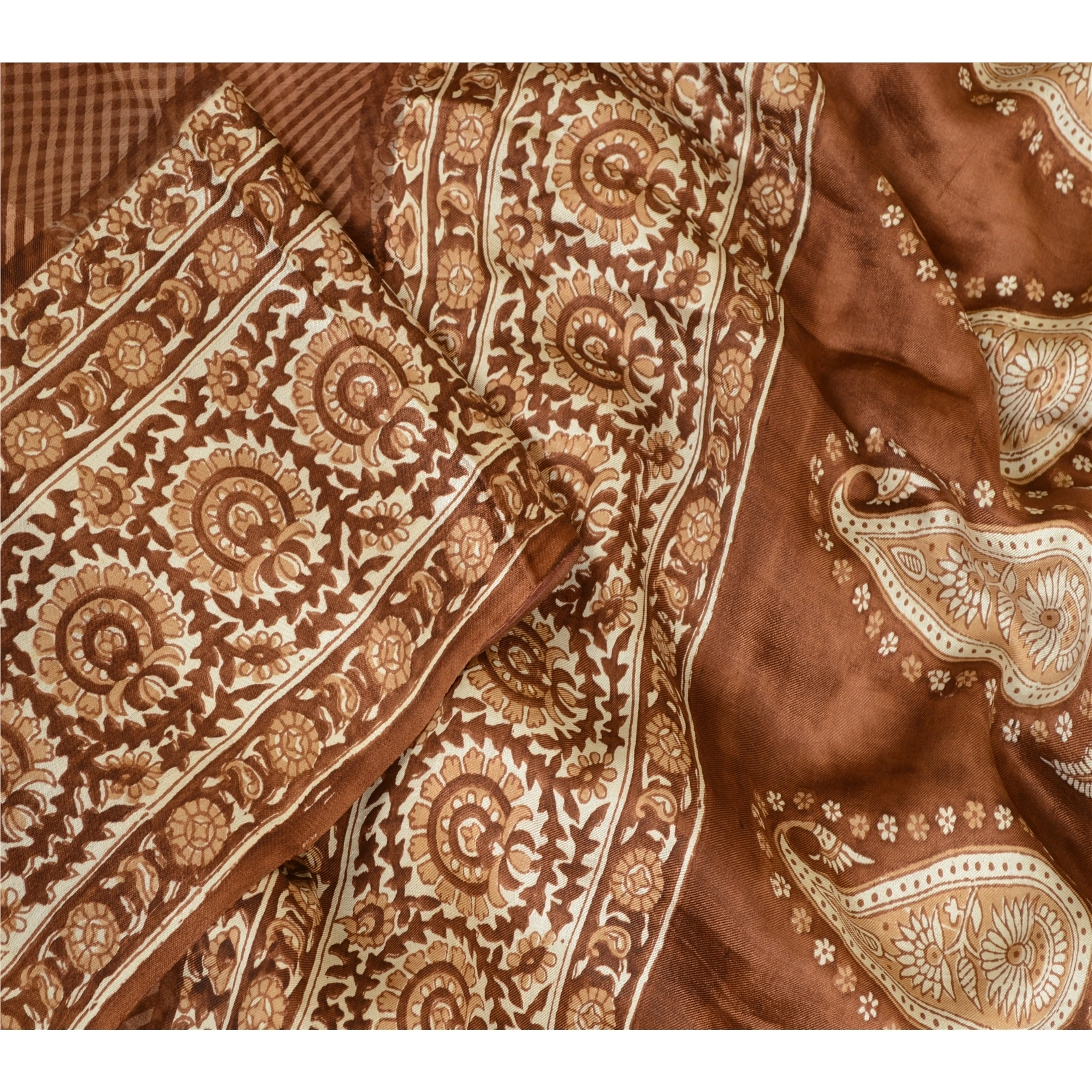 Sanskriti Vintage Sarees Indian Block Printed Brown Pure Silk Sari Craft Fabric, PR-64088-Brown-Pure Silk-2