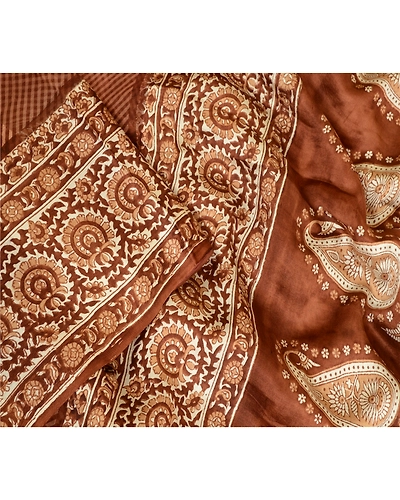 Sanskriti Vintage Sarees Indian Block Printed Brown Pure Silk Sari Craft Fabric, PR-64088-Brown-Pure Silk-2
