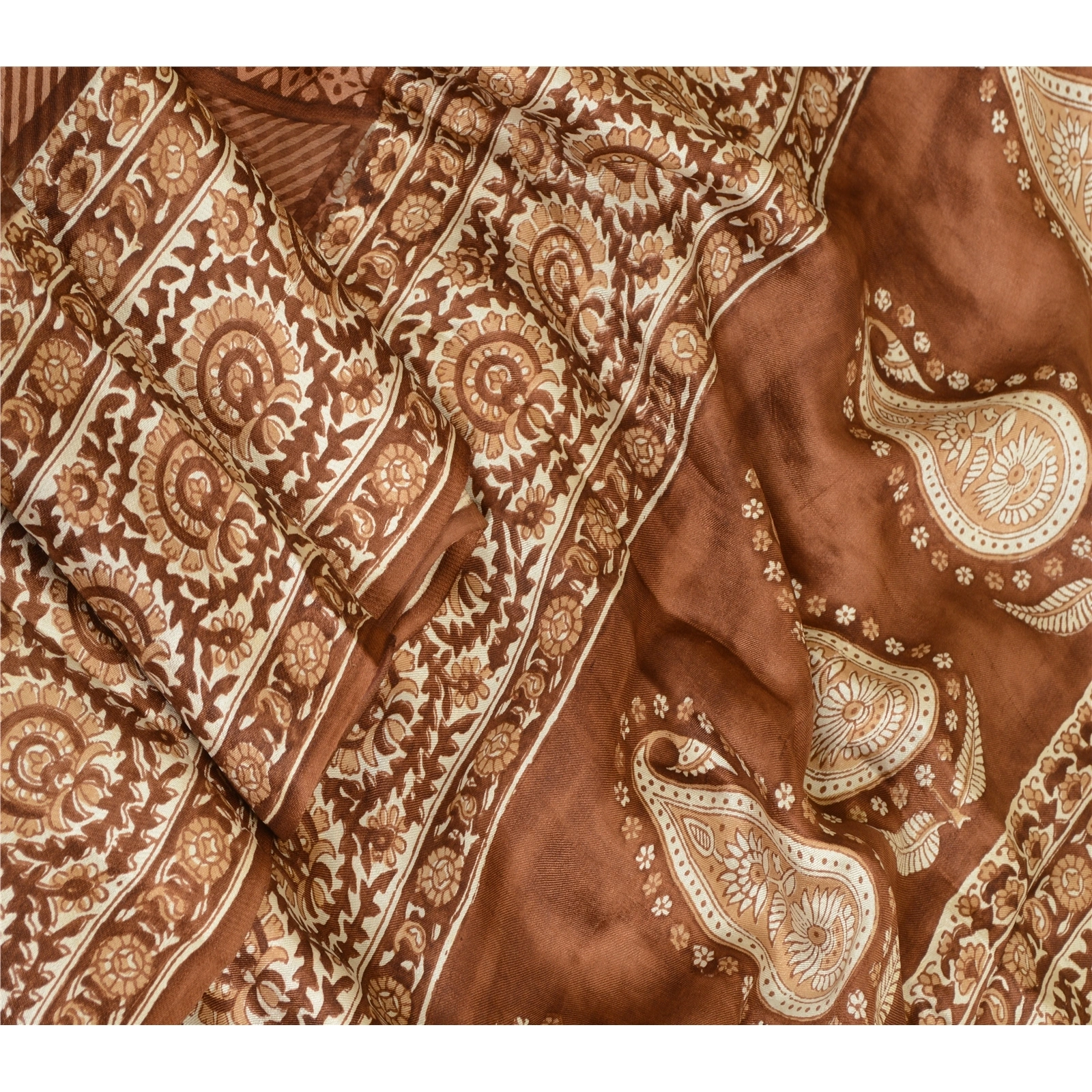 Sanskriti Vintage Sarees Indian Block Printed Brown Pure Silk Sari Craft Fabric, PR-64088-Brown-Pure Silk-3