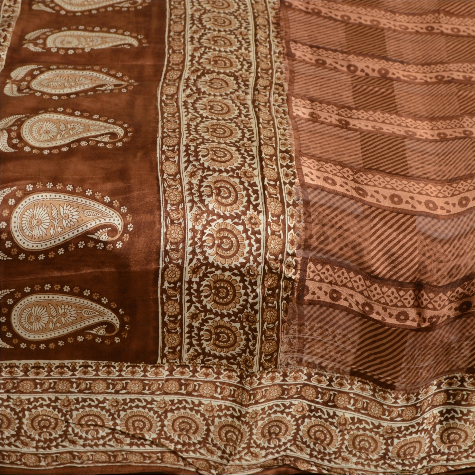 Sanskriti Vintage Sarees Indian Block Printed Brown Pure Silk Sari Craft Fabric, PR-64088-Brown-Pure Silk-4