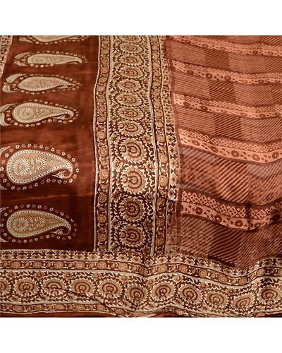 Sanskriti Vintage Sarees Indian Block Printed Brown Pure Silk Sari Craft Fabric, PR-64088-Brown-Pure Silk-4