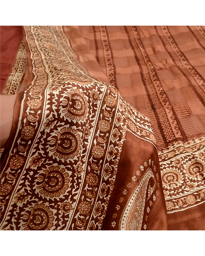 Sanskriti Vintage Sarees Indian Block Printed Brown Pure Silk Sari Craft Fabric, PR-64088-Brown-Pure Silk-6