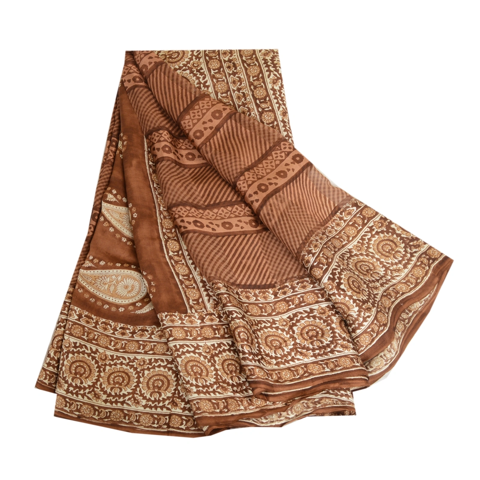 Sanskriti Vintage Sarees Indian Block Printed Brown Pure Silk Sari Craft Fabric, PR-64088-Brown-Pure Silk-7