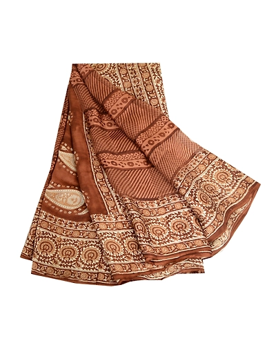 Sanskriti Vintage Sarees Indian Block Printed Brown Pure Silk Sari Craft Fabric, PR-64088-Brown-Pure Silk-7
