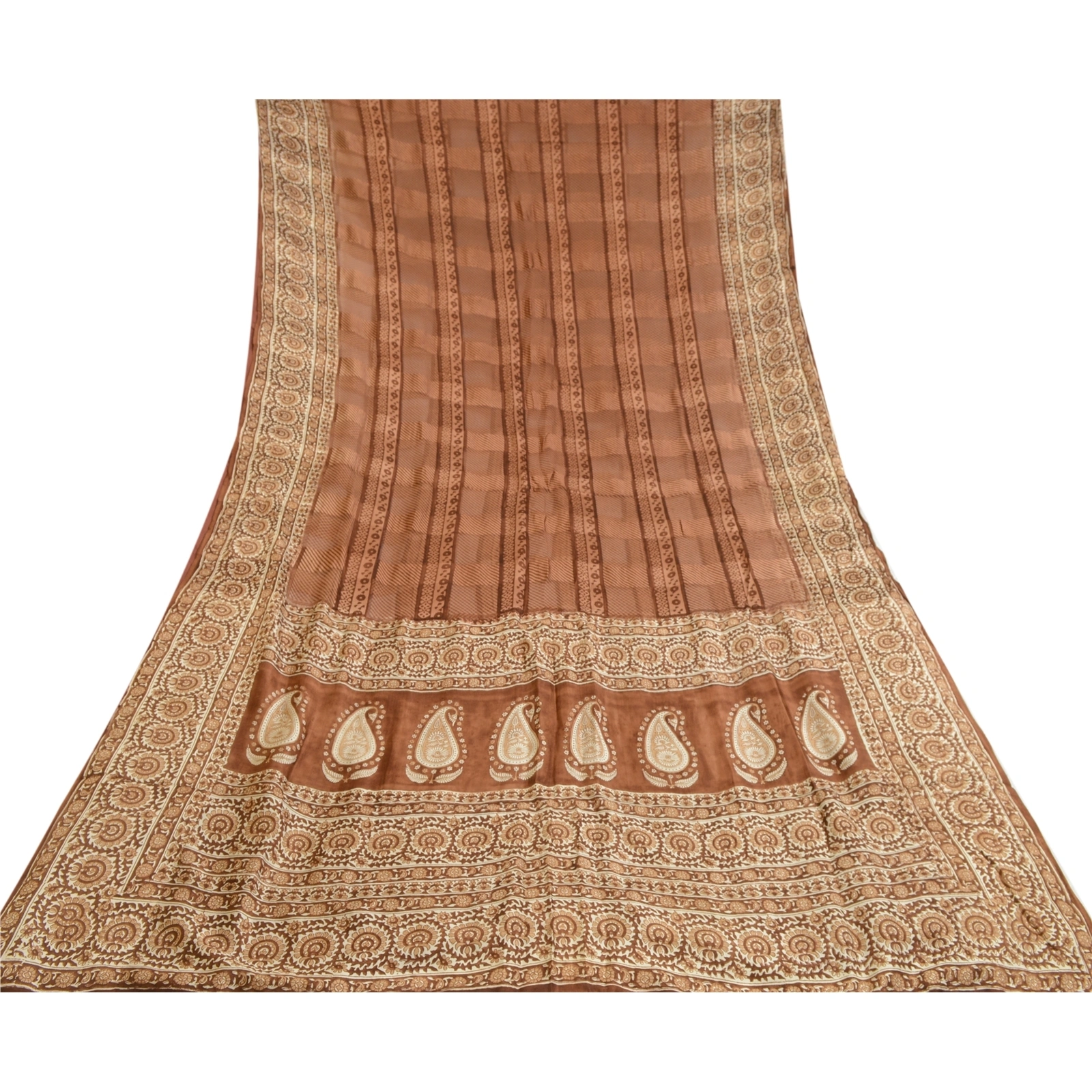 Sanskriti Vintage Sarees Indian Block Printed Brown Pure Silk Sari Craft Fabric, PR-64088-Brown-Pure Silk-8