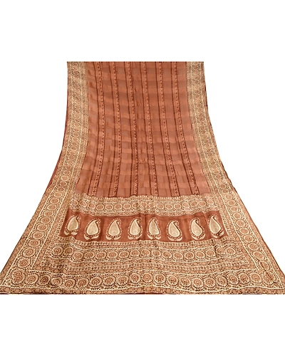Sanskriti Vintage Sarees Indian Block Printed Brown Pure Silk Sari Craft Fabric, PR-64088-Brown-Pure Silk-8