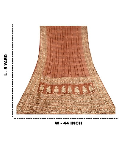 Sanskriti Vintage Sarees Indian Block Printed Brown Pure Silk Sari Craft Fabric, PR-64088-Brown-Pure Silk-9